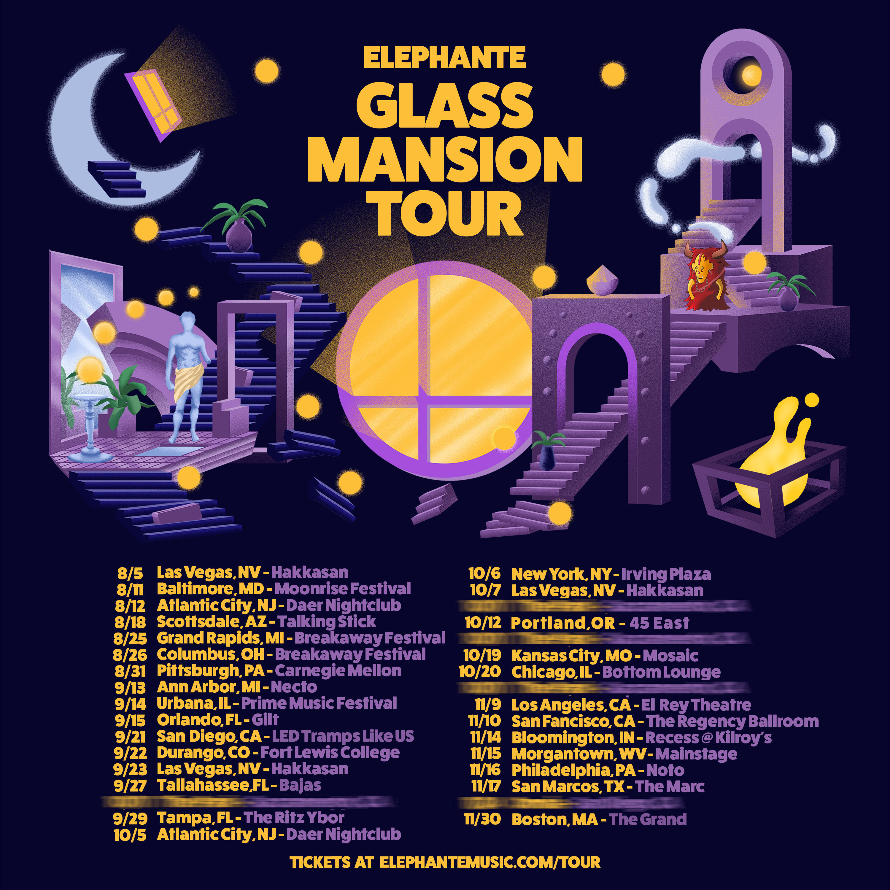 After kicking off the summer on the highest of notes with his nine-track sophomore project ‘Glass Mansion’, Elephante is gearing up to head back out on a fully packed fall tour. 
 
PURCHASE: ELEPHANTE’S ‘GLASS MANSION’ FALL TOUR TICKETS
 
With the EP immediately met to widespread critical acclaim and boasting over 10 million streams on Spotify in just a few short weeks, the Los Angeles native is seeking to expand on that by bringing his highly sought-after music to fans around the states, unleashing an innovative creative concept and unique production unlike anything he has ever done before. 
 
The undeniably extensive fall run spans 33 cities where Elephante will make stops across all corners of the United States. The multifaceted producer and DJ will make appearances at some of the season’s largest festivals including Moonrise Festival, Breakaway Festival and Prime Music Festival in addition to reigniting his annual residency at Hakkasan in Las Vegas. Additional performances include stops in Atlantic City, New York, Portland, Los Angeles, Philadelphia and many more. There are also a handful of unannounced shows thrown into the mix so fans who unfortunately see their city missing may be in luck in the coming weeks as more information is revealed.
 
STREAM: ELEPHANTE – GLASS MANSION
 
Since the start of the summer of 2017, Elephante has taken the decks on the stage at over 20 of the planet’s most attended festivals including EDC Las Vegas, Electric Zoo, Sunset Music Fest in Tampa and many more. His ‘Glass Mansion’ EP hit the #1 spot on iTunes’ Dance chart following its release this past June and Elephante is surely looking to keep his heavy momentum rolling in the coming months. Tickets for his ‘Glass Mansion’ fall run are officially on sale now so fans can start their preparation ahead of its kickoff show next weekend at Hakkasan.