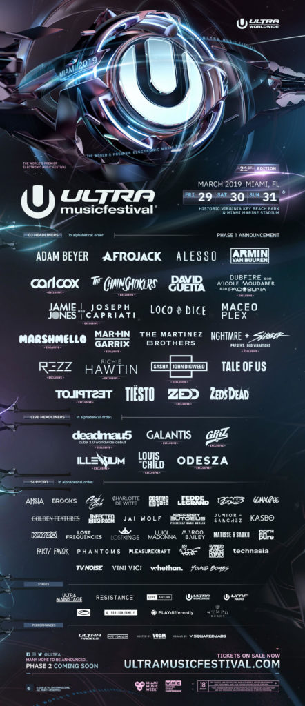 ULTRA MUSIC FESTIVAL PREPARES FOR ITS  MOVE TO HISTORIC VIRGINIA KEY BEACH  PARK AND MIAMI MARINE STADIUM  FOR 21st EDITION       THE HIGHLY ANTICIPATED PHASE ONE  LINEUP IS HERE FEATURING MULTIPLE   EXCLUSIVE PERFORMANCES    AFROJACK, ALESSO, ARMIN VAN BUUREN,  THE CHAINSMOKERS, DAVID GUETTA, MARSHMELLO,  MARTIN GARRIX, NGHTMRE + SLANDER PRESENT:  GUD VIBRATIONS,  REZZ, TESTPILOT, TIËSTO,  ZEDD, ZEDS DEAD AND MORE TO HEADLINE    ADAM BEYER, CARL COX, DUBFIRE B3B NICOLE  MOUDABER B3B PACO OSUNA,  JAMIE JONES B2B JOSEPH  CAPRIATI, LOCO DICE, MACEO PLEX, THE MARTINEZ  BROTHERS, RICHIE HAWTIN, SASHA & JOHN DIGWEED,  TALE OF US AND MORE JOIN THE RESISTANCE    DEADMAU5, GALANTIS, GRIZ,  ILLENIUM, LOUIS THE CHILD  AND ODESZA TO PERFORM IN THE  BRAND NEW LIVE ARENA